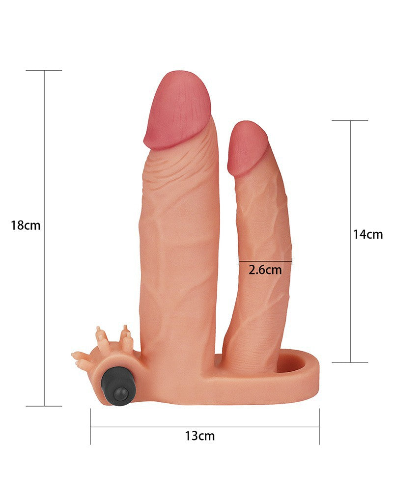 Love Toy - Pleasure X Tender Vibrating Double Penis Sleeve + 5 Cm - Nude - UABDSM