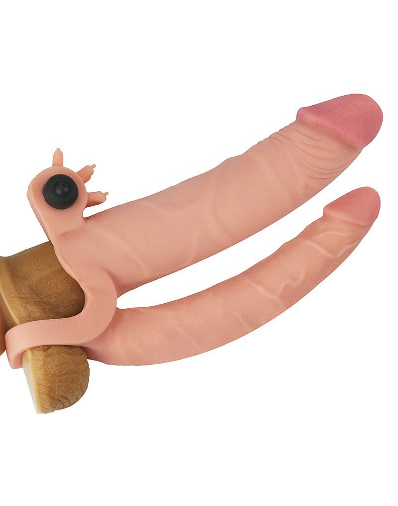 Love Toy - Pleasure X Tender Vibrating Double Penis Sleeve + 5 Cm - Nude - UABDSM