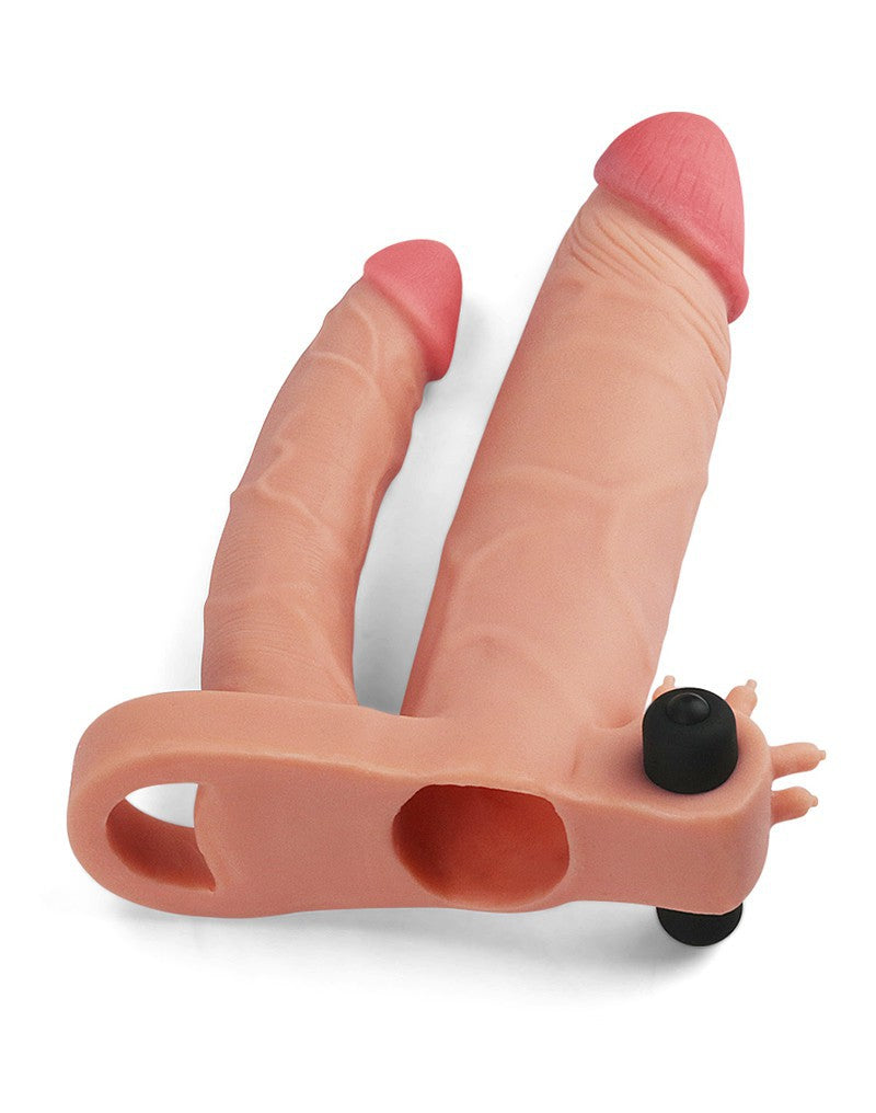 Love Toy - Pleasure X Tender Vibrating Double Penis Sleeve + 5 Cm - Nude - UABDSM