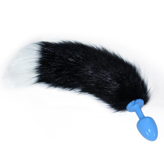 Metal Butt Plug Blue with Black and White Fox Tail - UABDSM