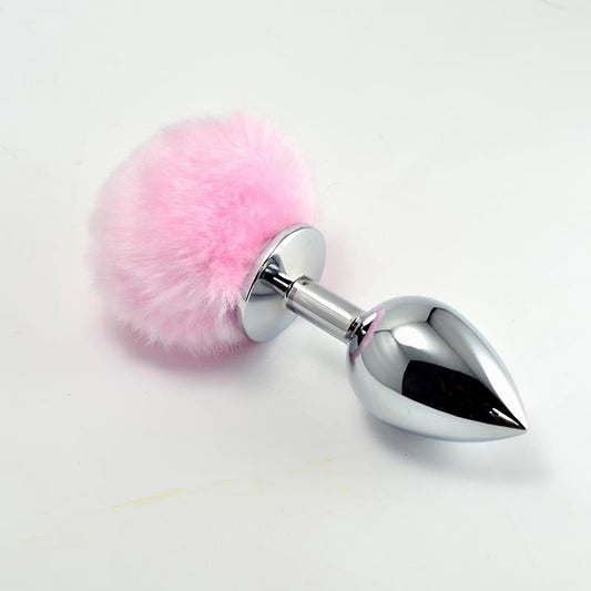 Metal Butt Plug with Pink Pompon Size S - UABDSM