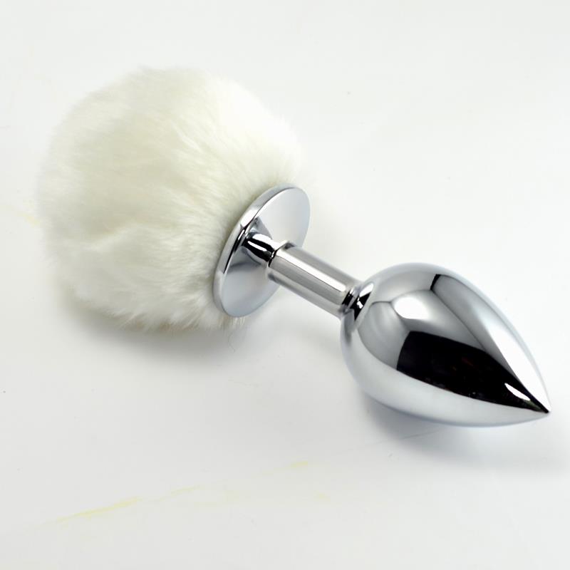 Metal Butt Plug with White Pompon Size L - UABDSM