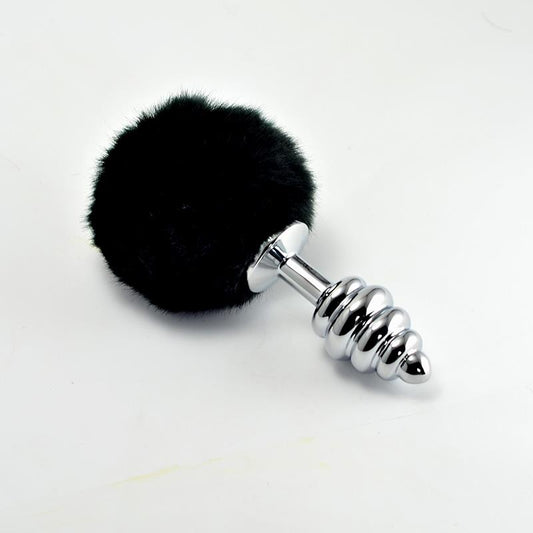 Metal Spiral Butt Plug with Black Pompon - UABDSM