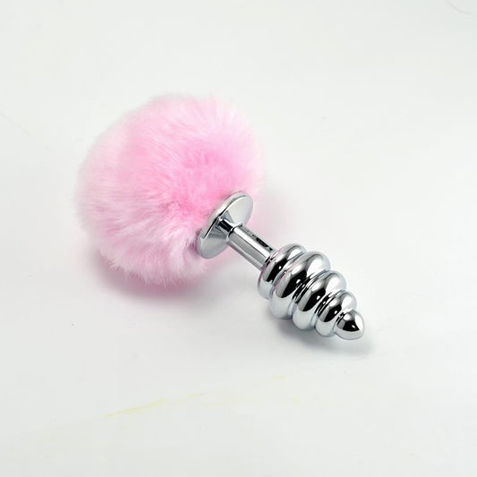 Metal Spiral Butt Plug with Pink Pompon - UABDSM