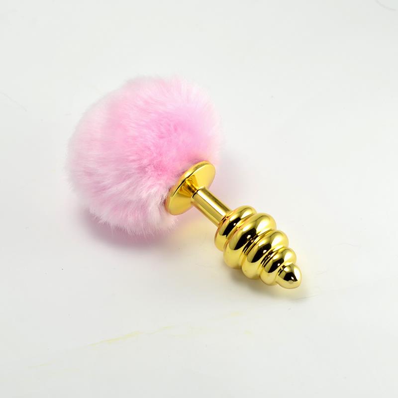 Metal Spiral Butt Plug with Pink Pompon - UABDSM