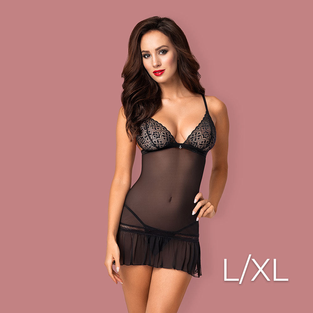 Obsessive - Shibu chemise & thong L/XL - Black - UABDSM