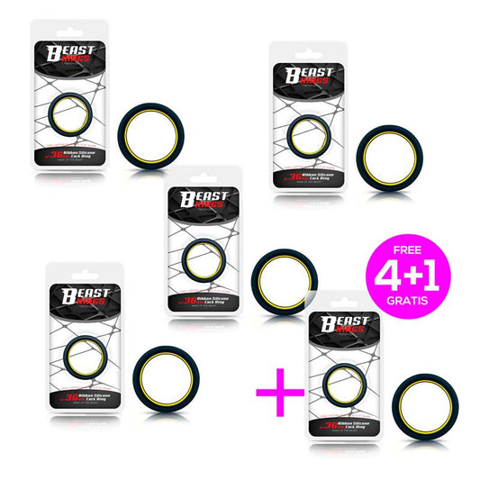 Pack 4+1 Penis Ring 100% Solid Silicone 3.6 cm Yellow and Black - UABDSM