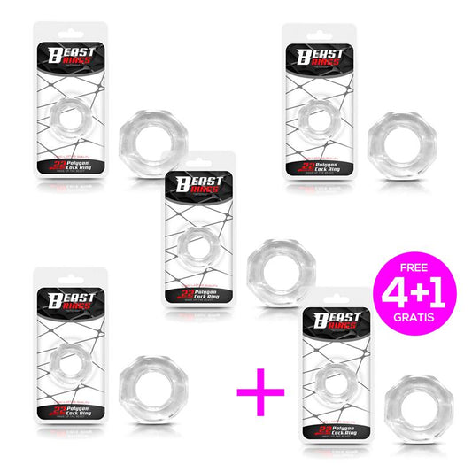 Pack 4+1 Penis Ring Super Flexible Polygon 2.2 cm Clear - UABDSM