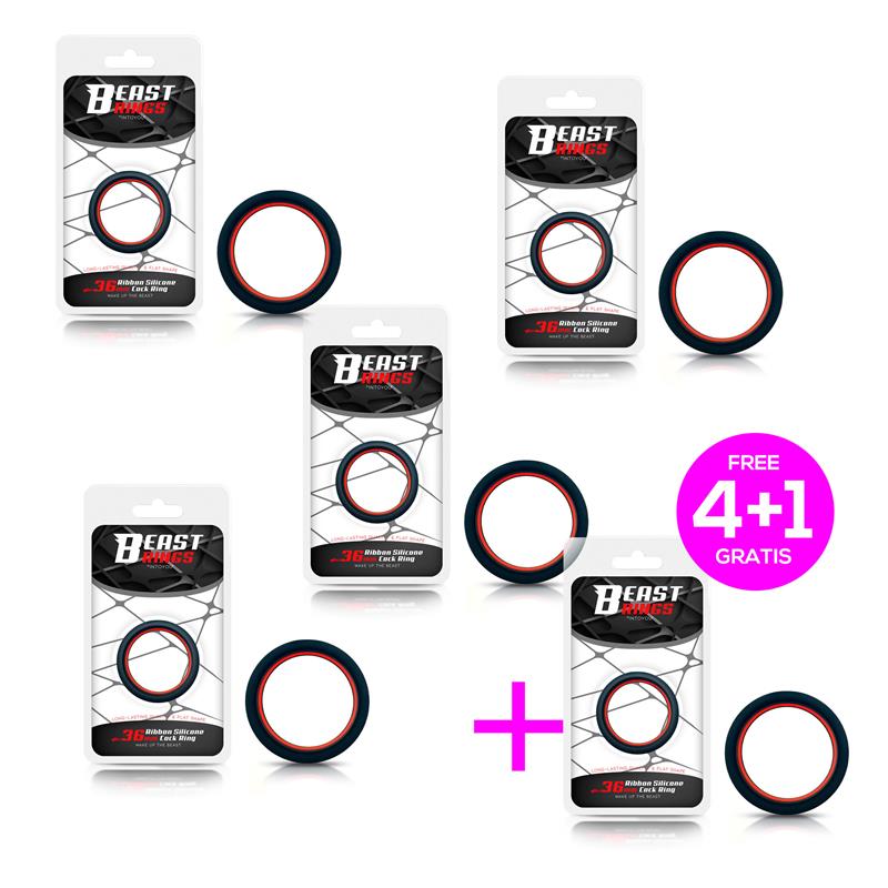 Pack 4+1 Red & Black Ribbon Silicone Cock Ring 3.6 cm - UABDSM