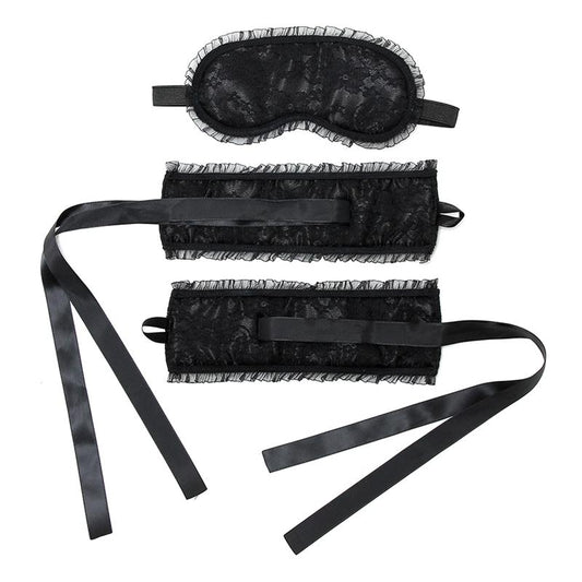 Rimba Bondage Play Bondage Satin Look Handcuffs with Mask Black - UABDSM