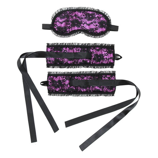 Rimba Bondage Play Bondage Satin Look Handcuffs with Mask Purple - UABDSM