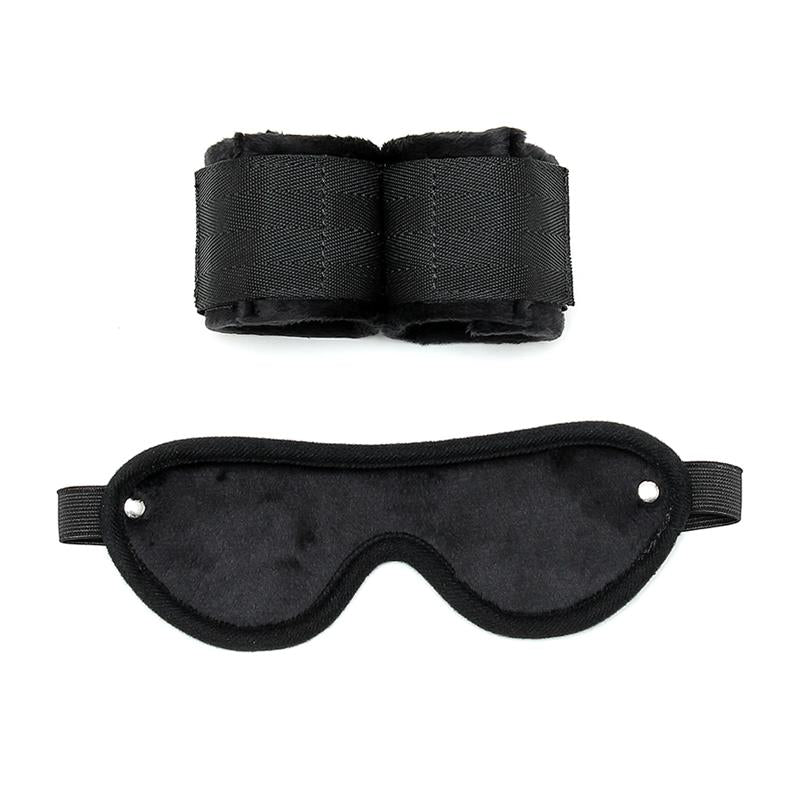 Rimba Bondage Play Hand Cuffs with Mask Adjustable Black - UABDSM