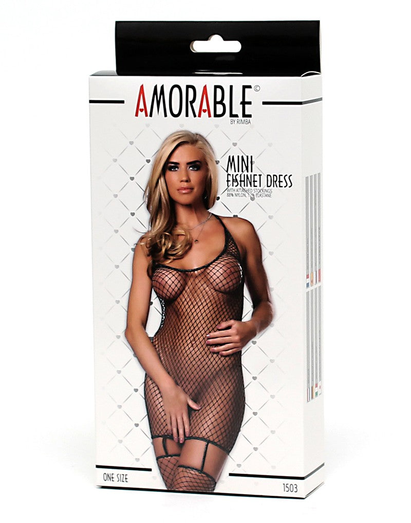 Amorable By Rimba - Fishnet Dress With Attached Stockings - One Size - Black / Silver - UABDSM