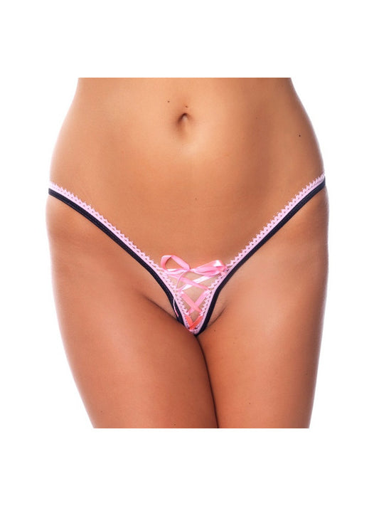 Amorable By Rimba - G-string With Lace - One Size - Black / Pink - UABDSM