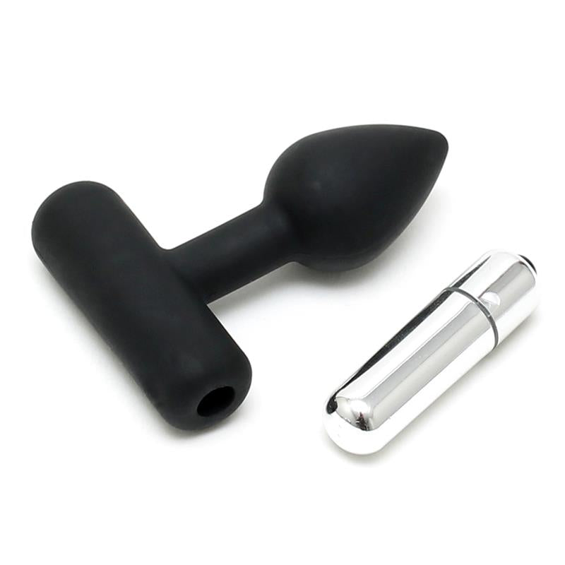 Rimba Latex Play Butt Plug with Vibrating Bullet Black - UABDSM