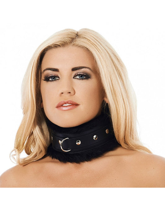 Rimba Bondage Play - Padded Collar With Fur - Black - UABDSM